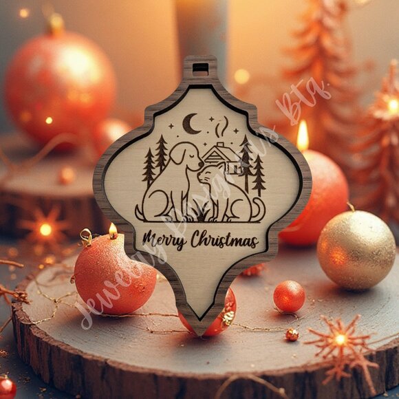 Dog and Cat Engraved Wood Christmas Ornament - Custom Engraved Text Option - Picture 1 of 1